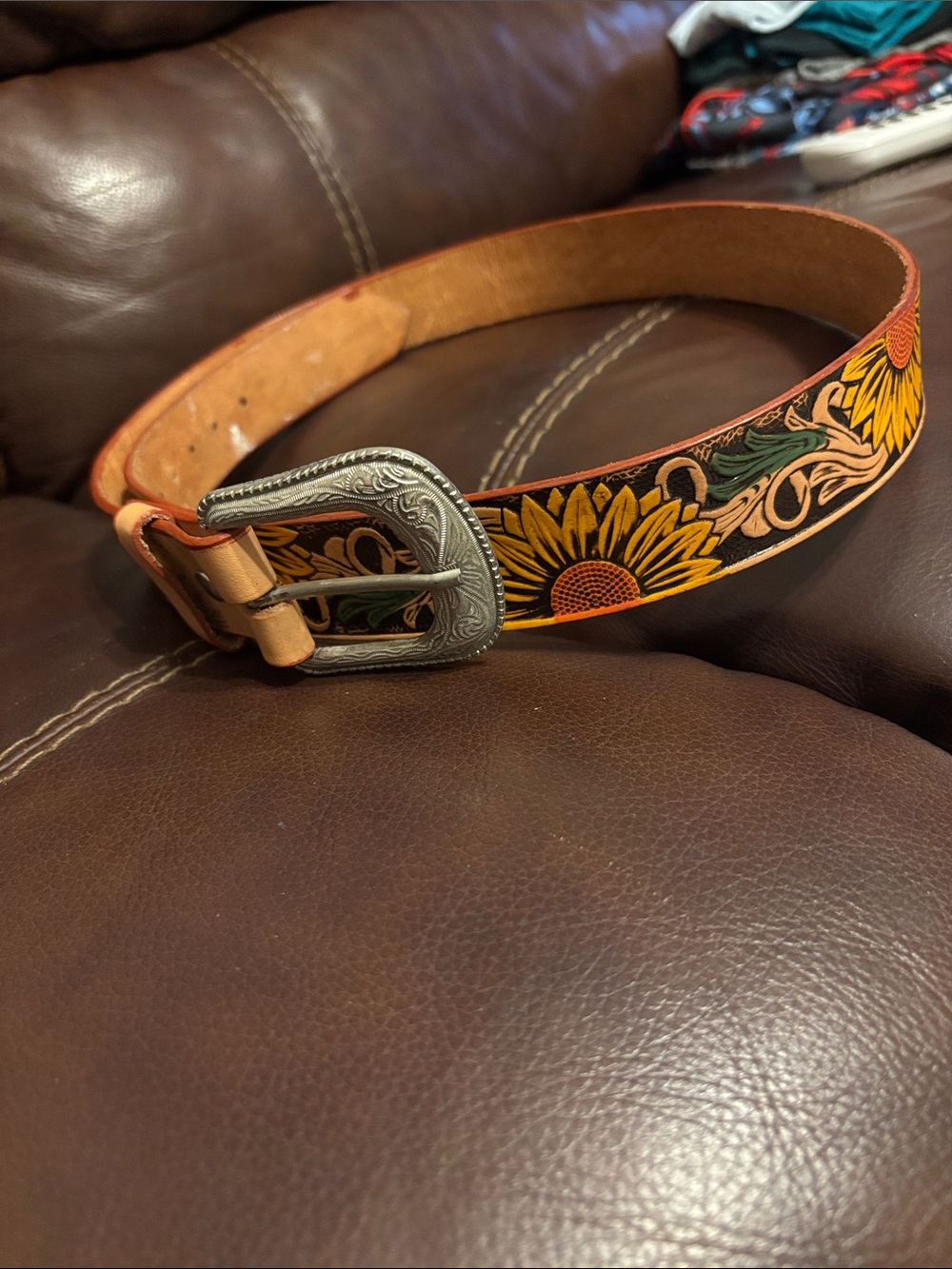 Tooled Leather Sunflower Belt with Engraved Buckle made in Mexico. Size 36.
